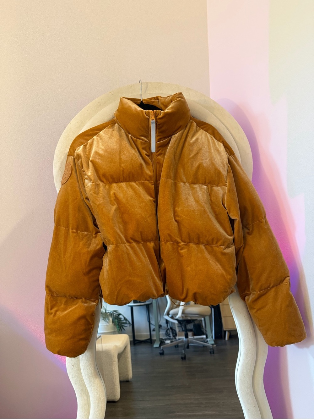 Fabletics Velvet Cropped Puffer Jacket - Camel Brown